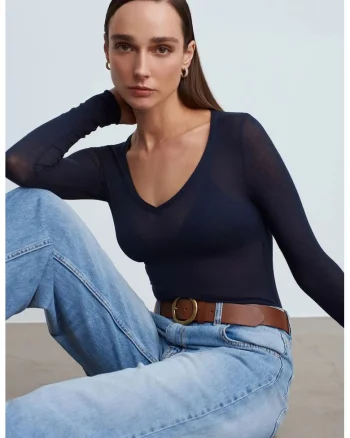 Bluza dama,  slim fit, maneca lunga, decolteu in V, bleumarin, tricot din lycra, modal, casmir, elastan