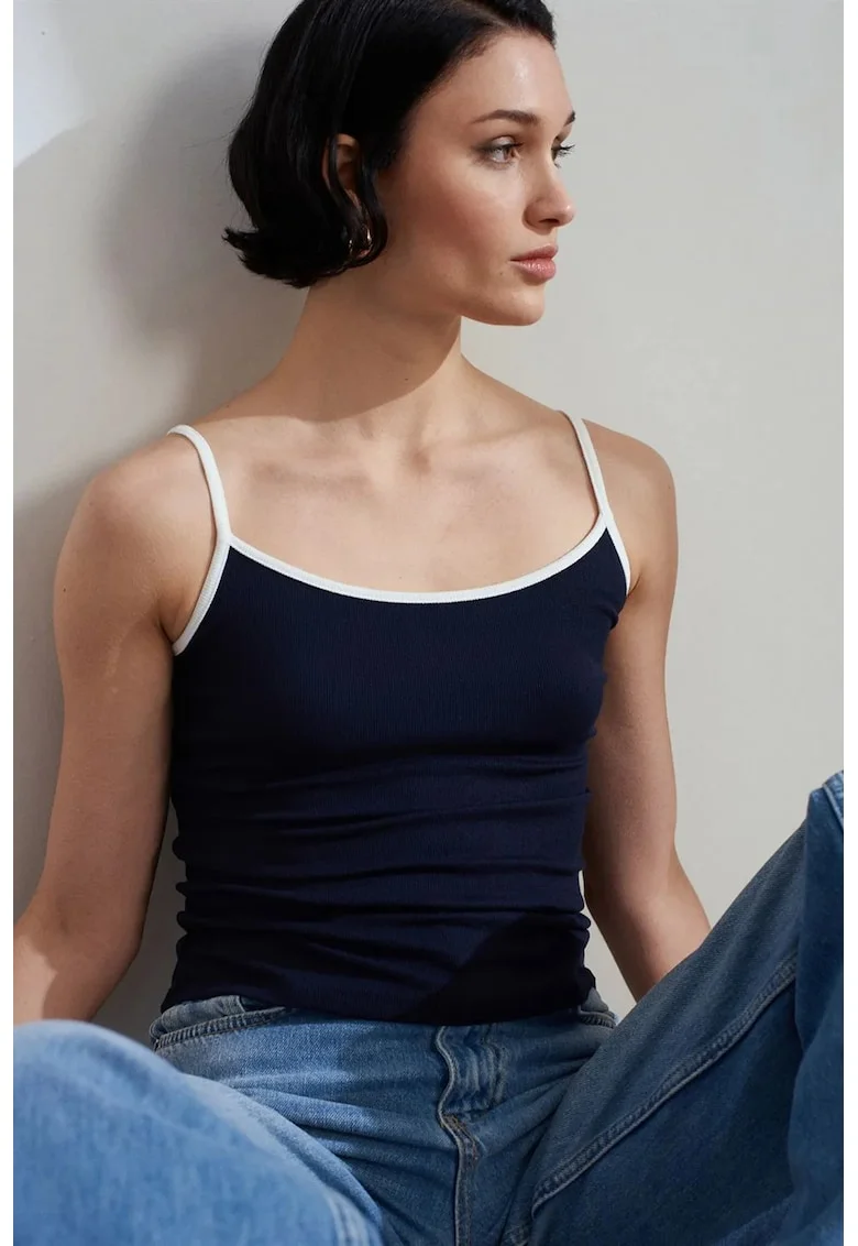 Bluza dama,  fara maneci, color-block, bleumarin, tricot subtire