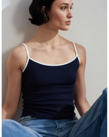 Bluza dama,  fara maneci, color-block, bleumarin, tricot subtire