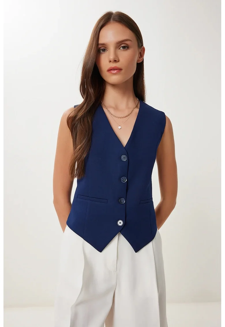 Vesta scurta, Happiness Istanbul, casual, bleumarin, bumbac si poliester