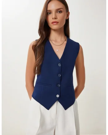 Vesta scurta, Happiness Istanbul, casual, bleumarin, bumbac si poliester