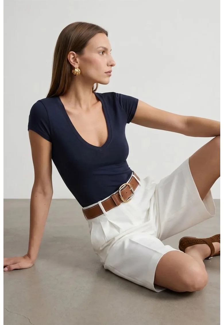 Bluza dama,  slim fit, decolteu in V, bleumarin, jerseu din bumbac, tencel si elastan
