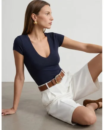 Bluza dama,  slim fit, decolteu in V, bleumarin, jerseu din bumbac, tencel si elastan