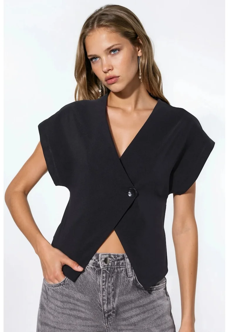 Bluza dama  uni, decolteu in V, maneca scurta, negru, material de calitate
