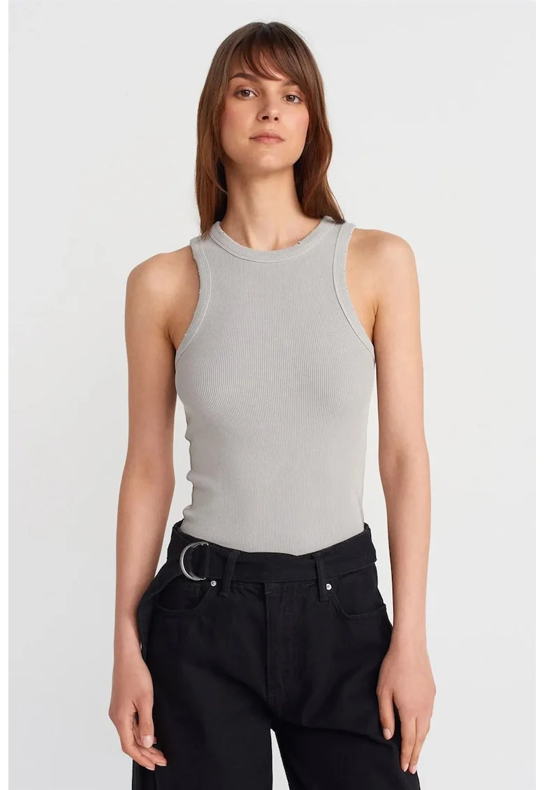 Bluza dama,  tricotata reiata, casual, gri deschis, bumbac cu elastan
