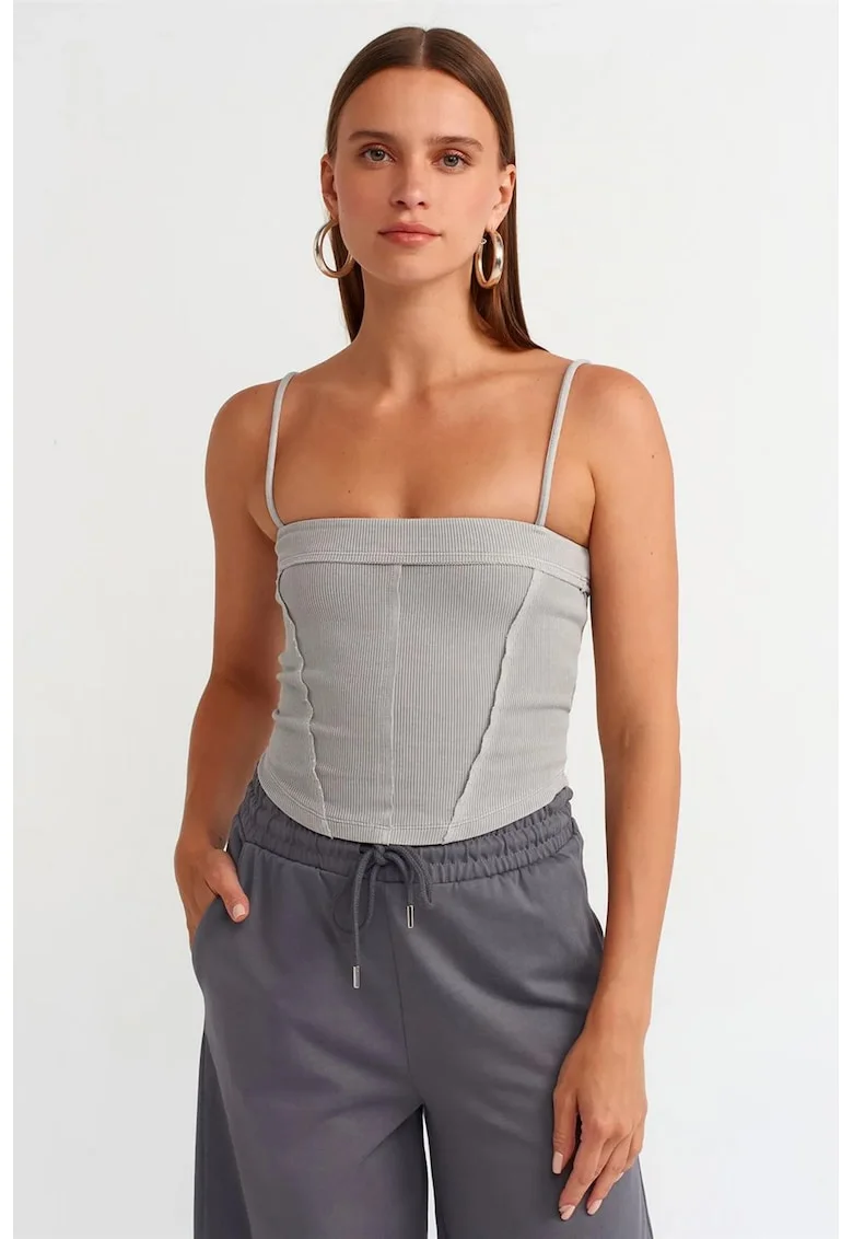 Bluza crop,  decolteu patrat, gri deschis, bumbac cu elastan