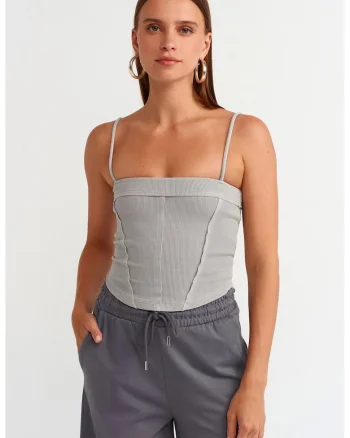 Bluza crop,  decolteu patrat, gri deschis, bumbac cu elastan