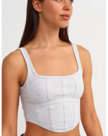 Bluze dama,  crop top corset, gri deschis, bumbac cu elastan