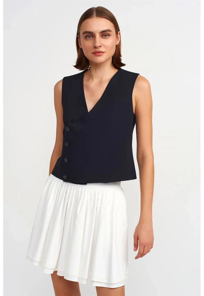 Vesta  dama, crep, albastru marin, casual, fara maneci, decolteu in V, inchidere cu nasturi