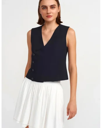Vesta  dama, crep, albastru marin, casual, fara maneci, decolteu in V, inchidere cu nasturi