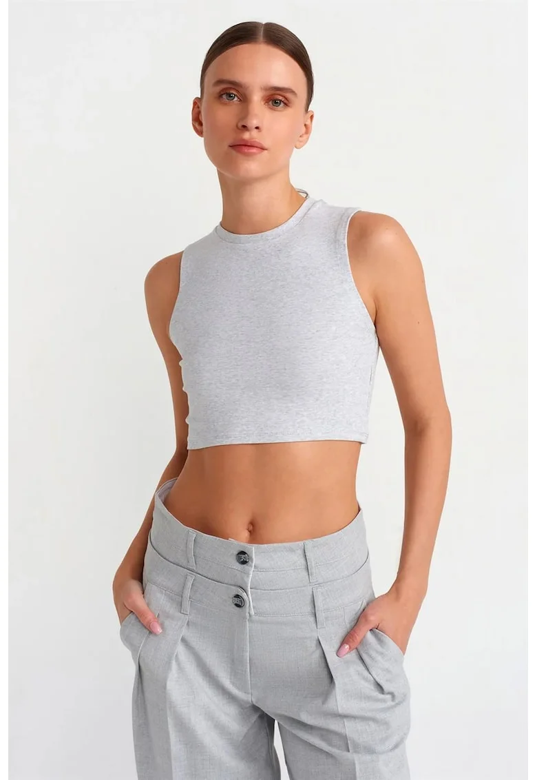 Top scurt,  gri deschis, bumbac cu elastan, croiala slim, fara inchidere