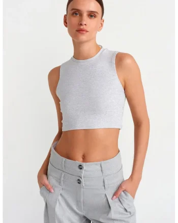 Top scurt,  gri deschis, bumbac cu elastan, croiala slim, fara inchidere
