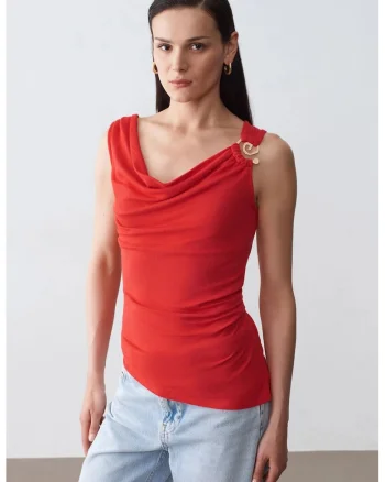 Top  fara maneci, rosu, Tencel cu elastan, casual