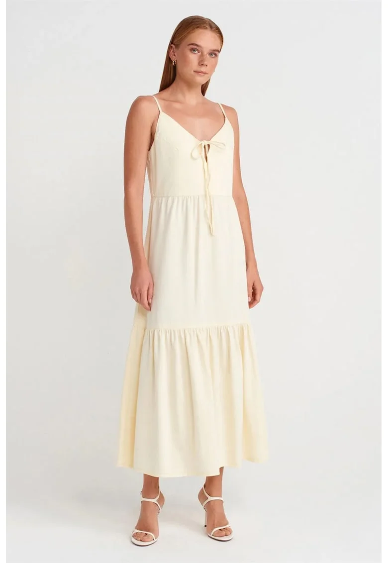Rochie Maxi  Femei, Casual, Decolteu in V, Crem Natural, Fara maneci