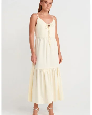 Rochie Maxi  Femei, Casual, Decolteu in V, Crem Natural, Fara maneci