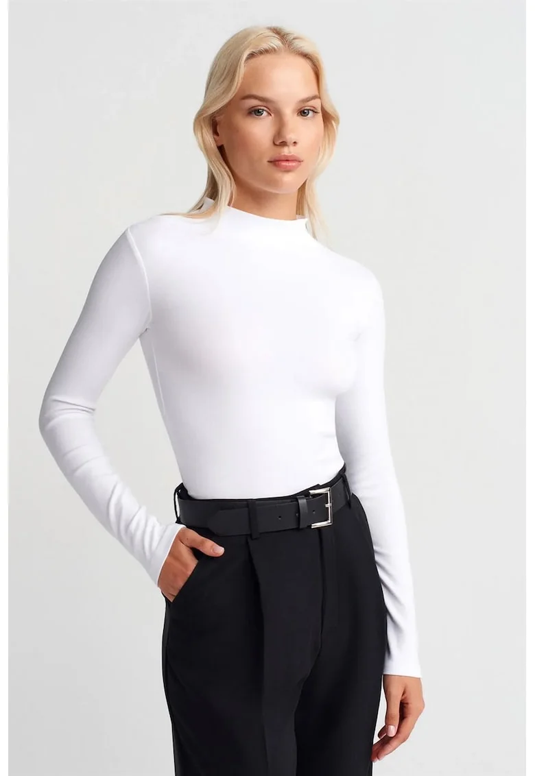Top  slim fit, maneca lunga, alb, bumbac cu elastan