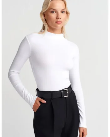 Top  slim fit, maneca lunga, alb, bumbac cu elastan