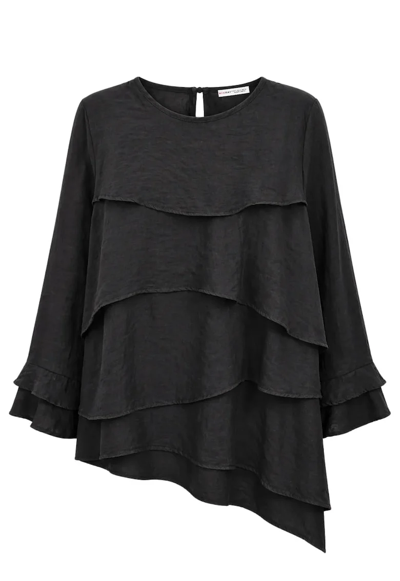 Bluza dama,  maneca lunga, guler rotund, volanase, negru, lyocell si poliester