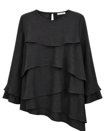 Bluza dama,  maneca lunga, guler rotund, volanase, negru, lyocell si poliester
