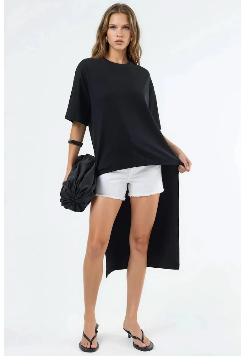 Bluza dama,  tunica supradimensionata, maneci scurte, negru, bumbac cu elastan