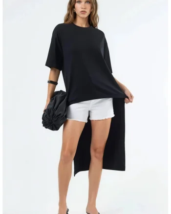 Bluza dama,  tunica supradimensionata, maneci scurte, negru, bumbac cu elastan