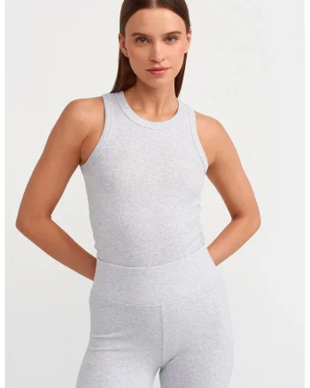 Bluza dama,  fara maneci, guler halterneck, gri deschis, bumbac cu elastan