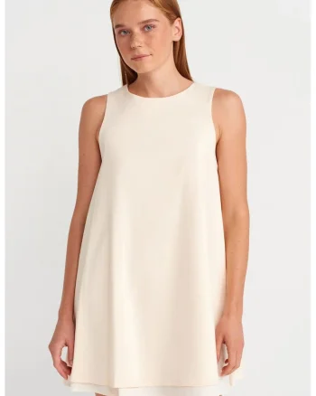 Rochie Mini Femei,  Tip Shift, Fara Maneci, Crem Natural, Bumbac