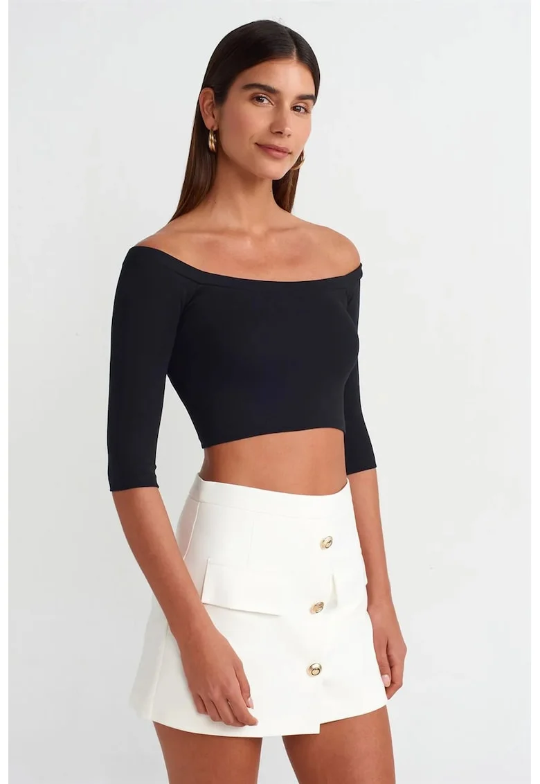 Bluza crop dama  negru, bumbac cu elastan, decolteu off-shoulder, maneci trei sferturi