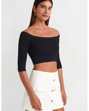 Bluza crop dama  negru, bumbac cu elastan, decolteu off-shoulder, maneci trei sferturi