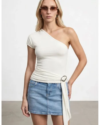 Bluza dama,  Slim Fit, umeri goi, alb prafuit, jerseu