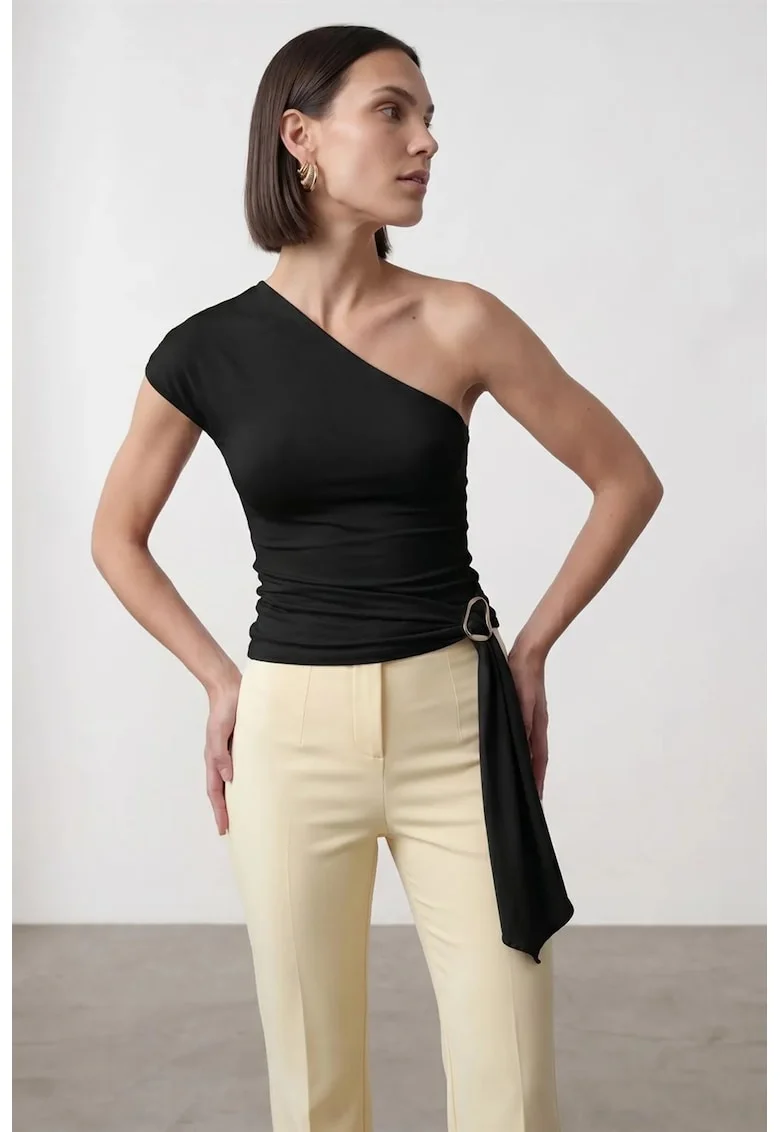 Bluza dama,  slim fit, decolteu asimetric, negru, amestec lyocell-bumbac-elastan