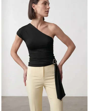 Bluza dama,  slim fit, decolteu asimetric, negru, amestec lyocell-bumbac-elastan
