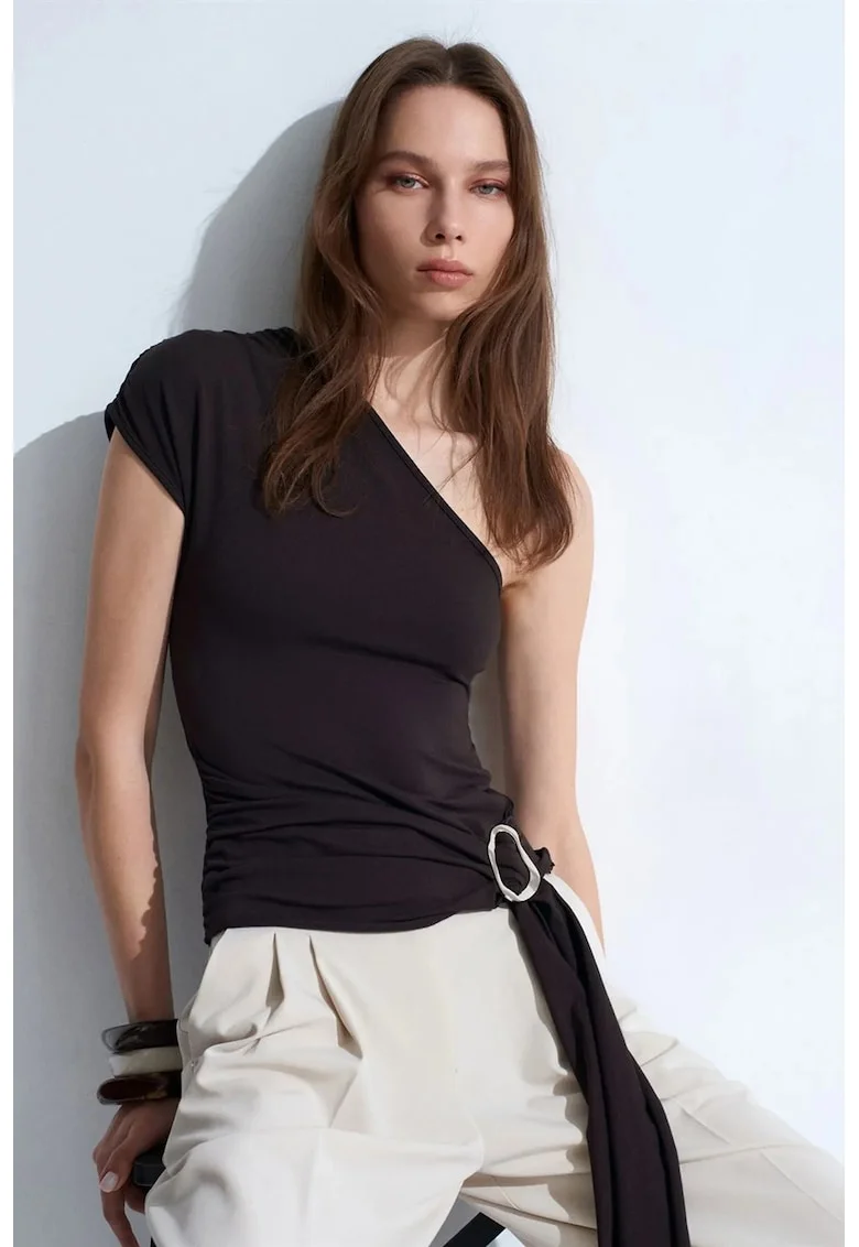 Bluza dama,  slim fit, asimetric, negru, lyocell-bumbac-elastan