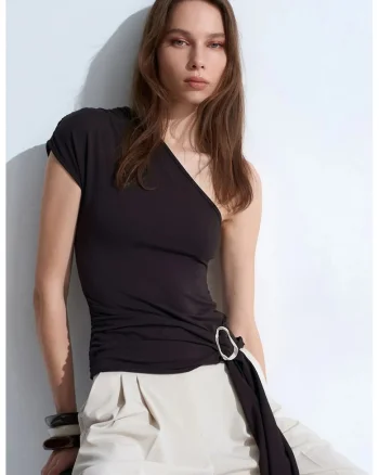 Bluza dama,  slim fit, asimetric, negru, lyocell-bumbac-elastan