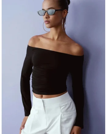 Bluza dama,  slim, negru, amestec tencel-bumbac-elastan