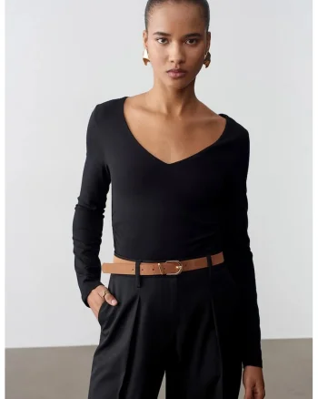 Bluza dama,  tricotata, decolteu in V, negru, elasticitate neteda, maneca lunga