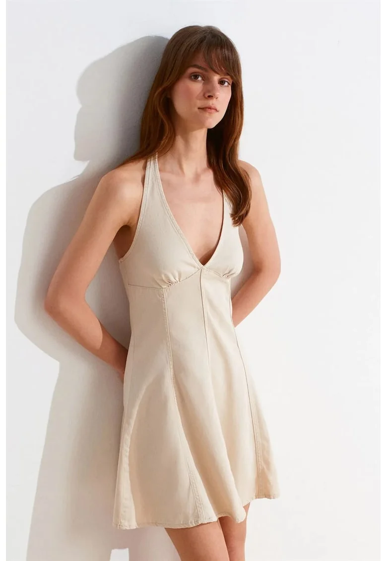 Rochie Mini,  Elegant, Guler Halter, Oatmeal Natural, Fara inchidere