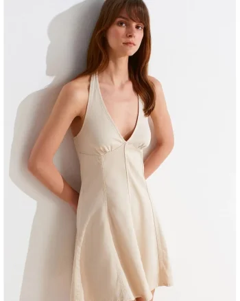 Rochie Mini,  Elegant, Guler Halter, Oatmeal Natural, Fara inchidere