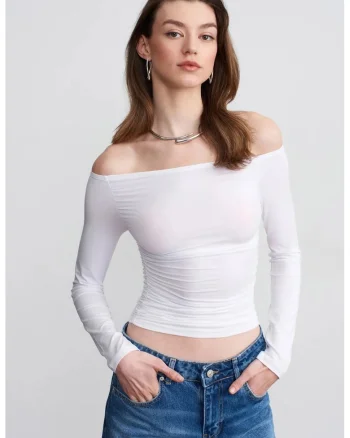 Bluza dama,  slim, alb, tricot subtire, umeri goi