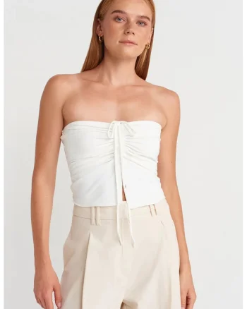 Bluza scurta,  fara bretele, detaliu cu snur, Alb, lycra