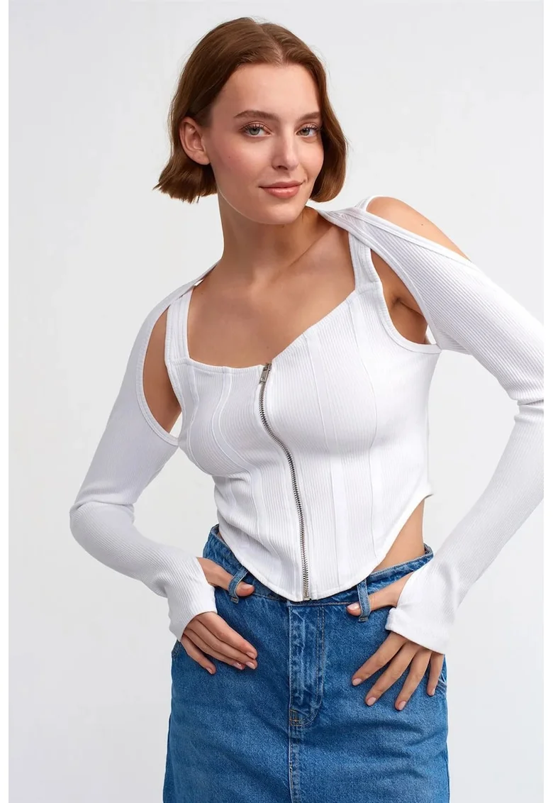 Bluza dama,  crop, maneci lungi, alb, bumbac cu elastan