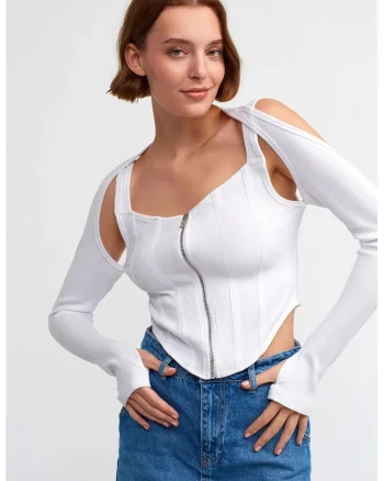 Bluza dama,  crop, maneci lungi, alb, bumbac cu elastan