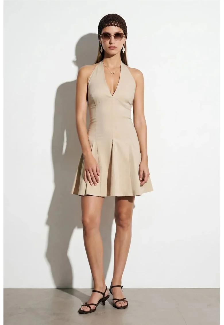 Rochie Mini Skater  Eleganta, Bej Natural, 70% viscoza/26% poliamida/4% elastan