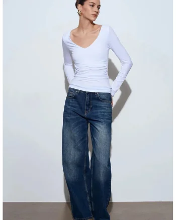 Bluza dama,  slim fit, decolteu in V, alb, jerseu din bumbac, poliester si elastan