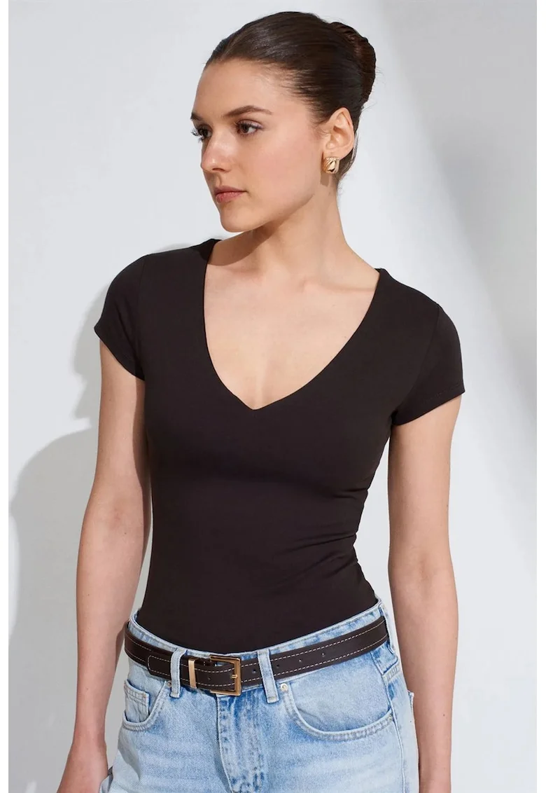 Bluze dama,  bluza tricotata slim fit, decolteu in V, negru, bumbac cu elastan