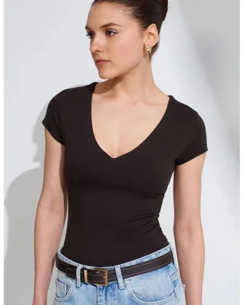 Bluze dama,  bluza tricotata slim fit, decolteu in V, negru, bumbac cu elastan