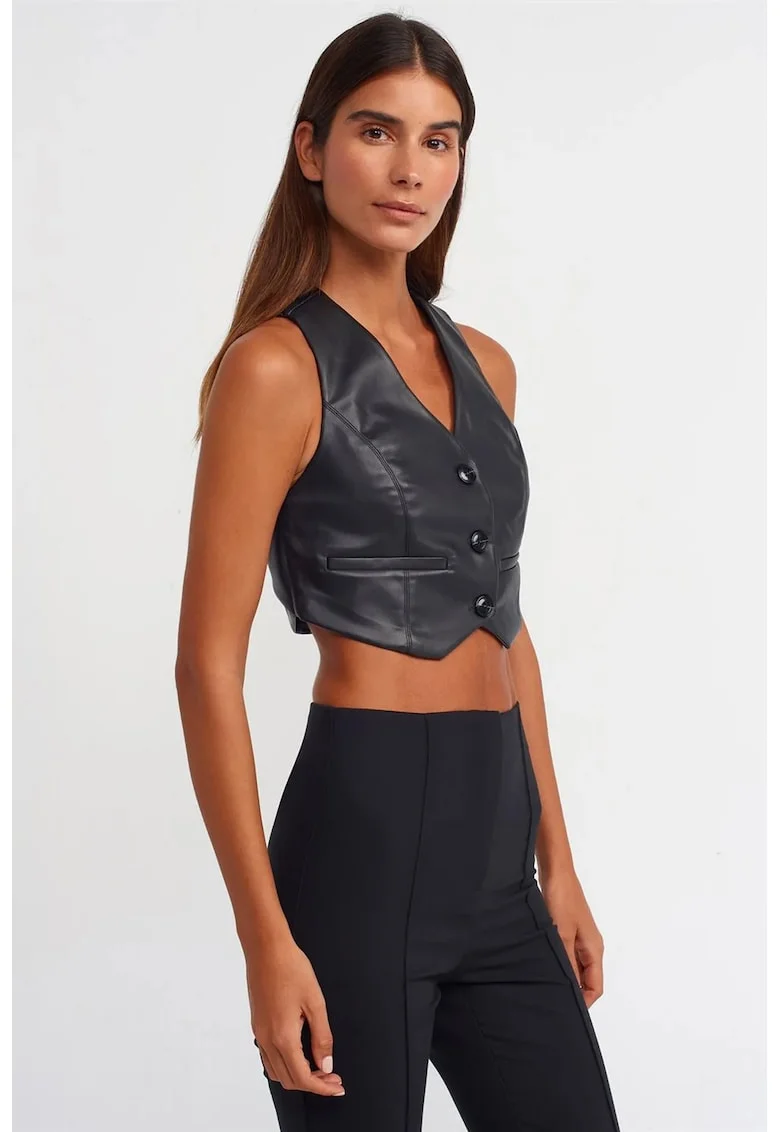 Bluza dama,  crop, negru, imitatie de piele, fara maneci, cu nasturi