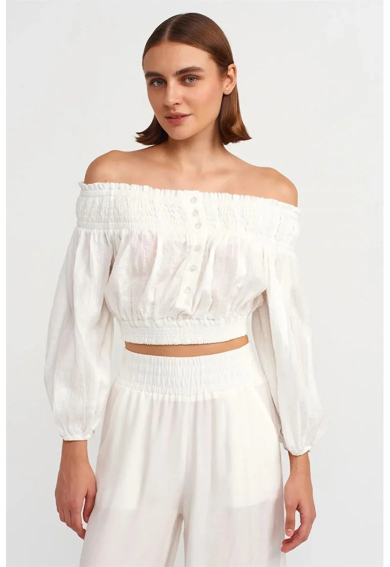 Bluza dama,  crop, decolteu off-shoulder, alb, poplin bumbac-viscoza