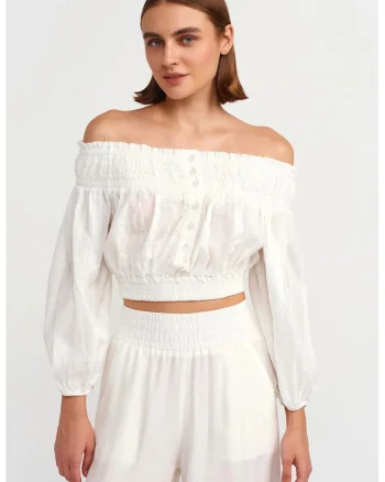 Bluza dama,  crop, decolteu off-shoulder, alb, poplin bumbac-viscoza
