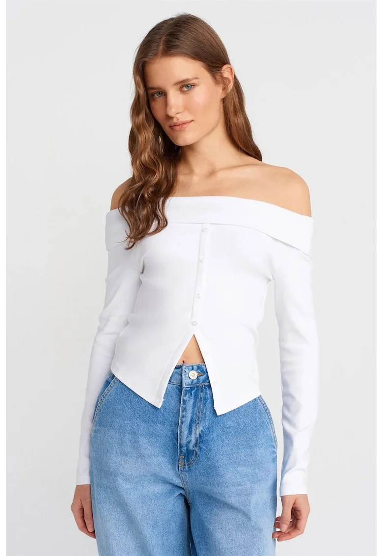 Bluza dama,  tricotata, slim fit, alb, bumbac si elastan